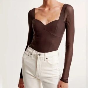 Abercrombie & Fitch Sheer Mesh Long Sleeve Sweetheart Body Suit Brown